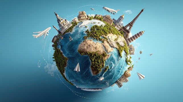 Globe with landmarks and transportation circling a bright blue sky