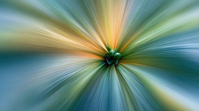 Abstract burst of vibrant green, blue, and orange light rays from center