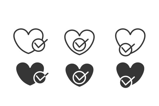 Heart checkmark icon collection symbolizing approval, trust, satisfaction, and positive relationships. Suitable for healthcare, social media, customer feedback, and wellness concepts.
