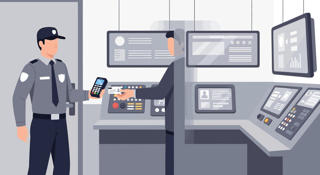 Security guard checks ID badge at control room entry with monitors