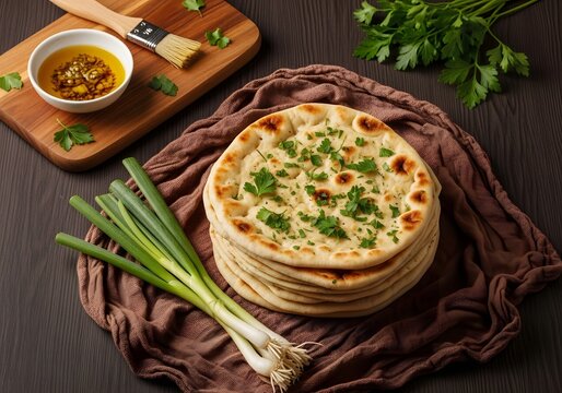 A generous stack of fluffy, golden-brown garlic parsley flatbreads, seasoned with herbs and accompanied by fresh scallions and a brush with oil, presented on a textured burlap cloth atop
