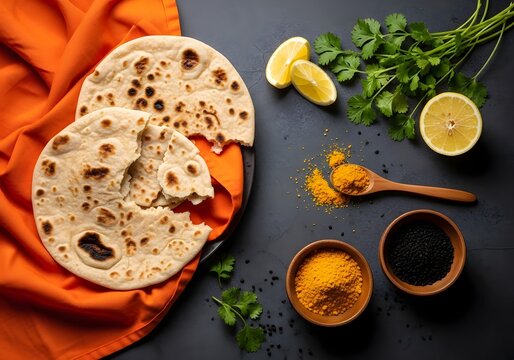Deliciously prepared flatbreads arranged artfully with vibrant spices, fresh herbs, and zesty lemon slices, evoking the rich culinary heritage of Indian cuisine