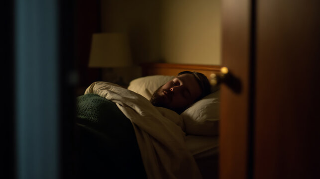 Restful Sleep: Man Asleep in Bedroom with Soft Light, Blanket, and Pillow, Peaceful Night Time Scene for Relaxation and Home Comfort