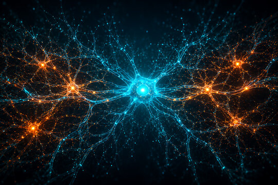 neuron network in blue and orange brain cells connections science