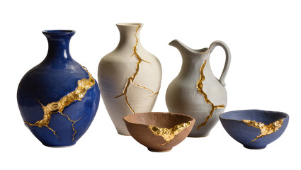 Kintsugi ceramic vases and bowls with gold repair