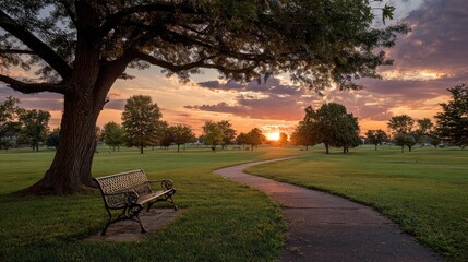 Obraz premium Serene park path at sunset, with a bench under a large tree