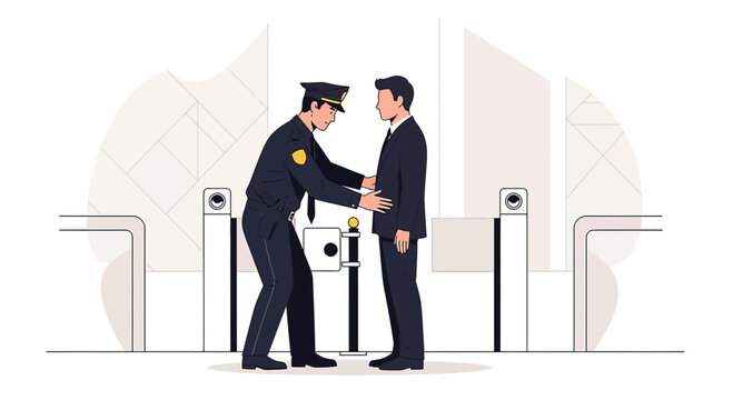 Security guard checks man at checkpoint, security control, access gate