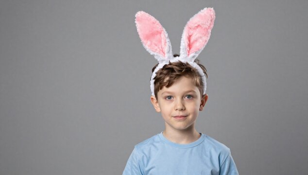 Little boy with bunny ears smiles against a neutral backdrop
