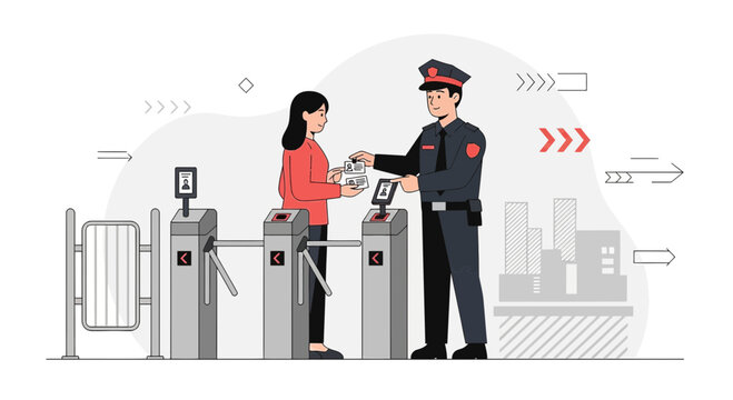 Security Guard Checks Ticket at Automated Turnstile Entry