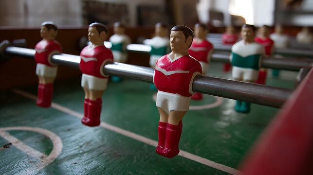 Close-up detail of a vintage wooden football table game, showing red and white player figures on a green field, focus on foreground players