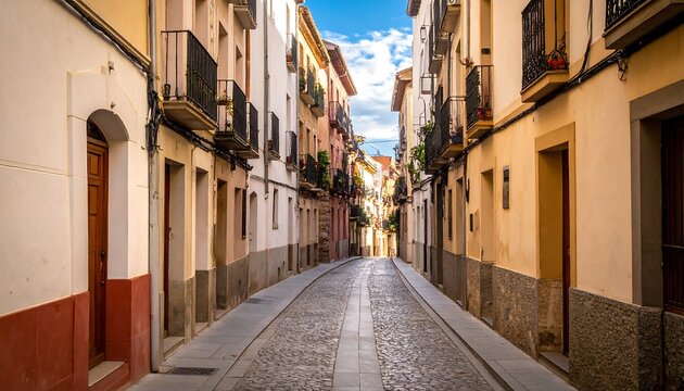 Cobblestone street leads deeper through buildings with potted balconies under a partly cloudy sky