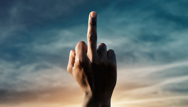 Middle Finger Gesture Against Dramatic Sky Background.