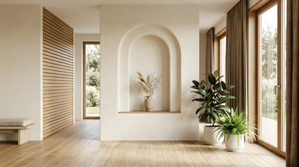 Fototapeta premium Interior Nook with Natural Light: A serene interior space featuring a minimalist arched alcove, wooden slat wall, and large windows offering views of lush greenery.