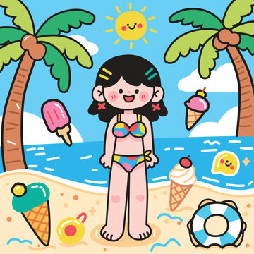 Girl in Bikini on Tropical Beach with Palm Trees and Ice Cream Illustration