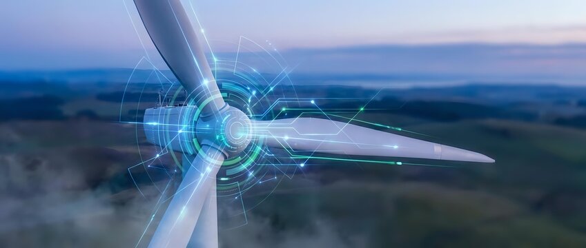Wind turbine with digital holographic overlay showing energy data and technology integration for renewable power generation and sustainable electricity production.
