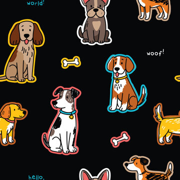 Seamless Pattern with Cartoon Dogs and Bones