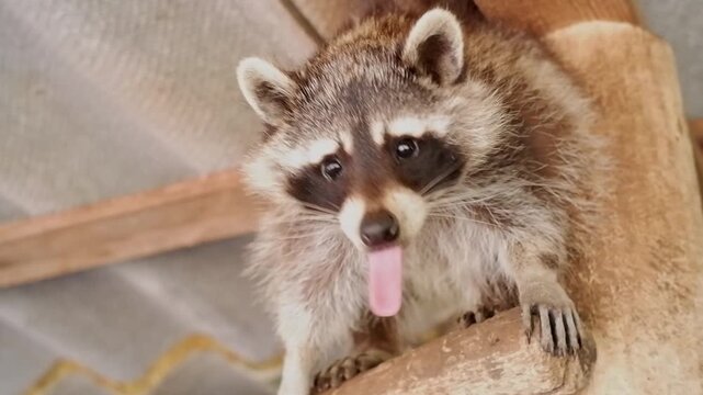 Adorable north american raccoon yawning, cleaning its paws, and sticking out its tongue