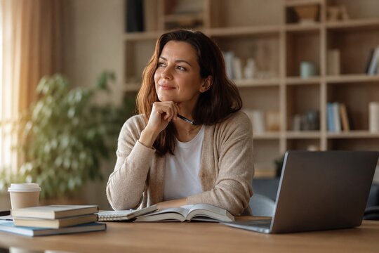 Mature female student studying at home in a cozy modern workspace with books and laptop, concept of lifelong learning