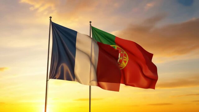 France and Portugal flags waving together on poles, national symbols of France and Portugal against sunset sky, international relations and diplomacy