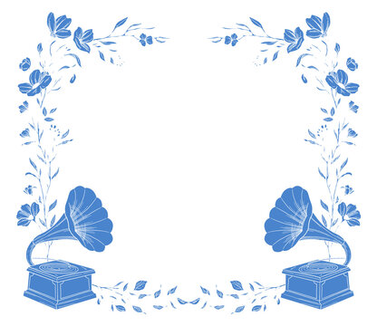 Vintage Floral Botanical Gramophone Decorative Frame Illustration