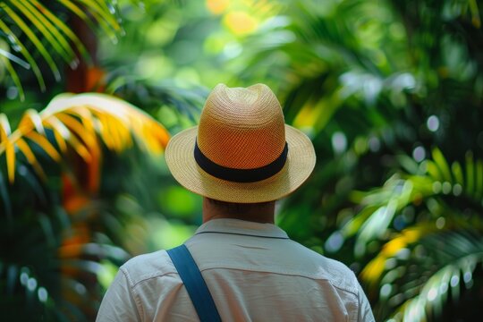 Tourist wearing panama hat exploring lush green tropical rainforest jungle