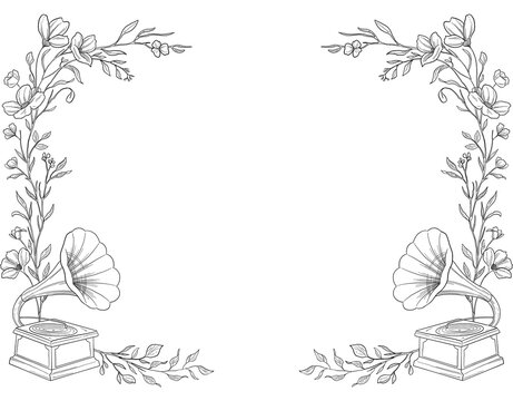 Vintage Floral Botanical Gramophone Decorative Frame Illustration