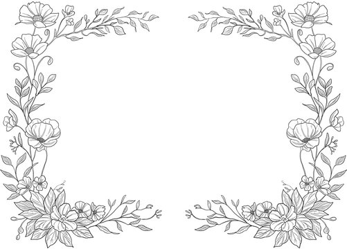 Wildflower Botanical Border Frame Hand Drawn Floral Illustration