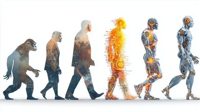 Silhouette sequence showing hominid to modern human progression symbolizing evolutionary biology, anatomical change, and technological embodiment.