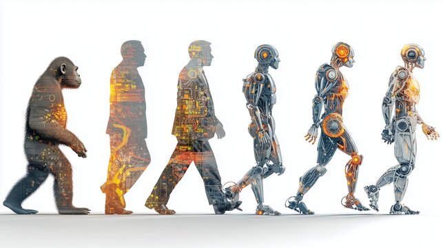 Silhouette sequence from ape to humanoid robot symbolizing ai history timeline and evolution of intelligence and technology.