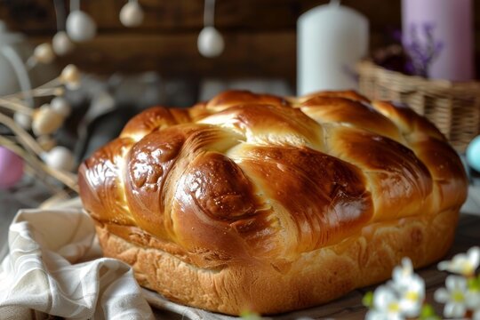 Freshly baked easter bread loaf, beautifully braided and golden brown, sits on a table adorned with easter decorations