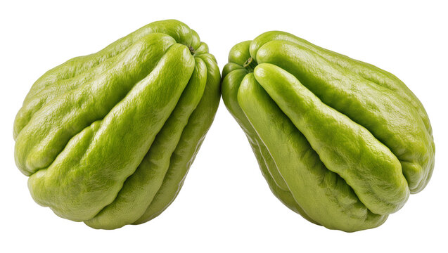 Two green chayote squashes with ribbed texture