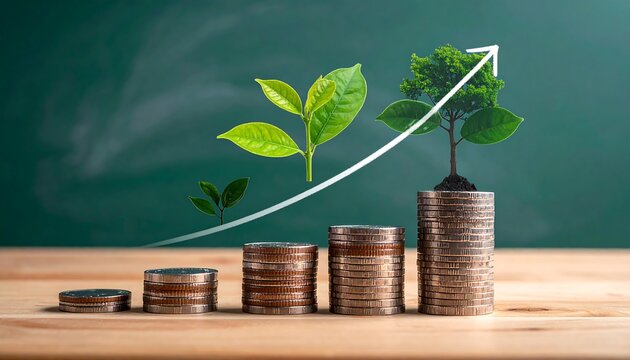 Coins stacked with sprouting plant life, indicating growth on a wooden surface and green background