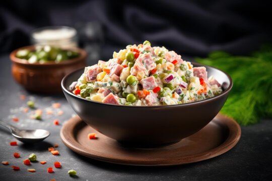 Olivier salad, a traditional russian appetizer, preparing with ham, potato, peas, and mayonnaise