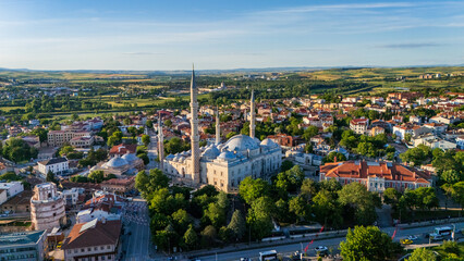 Obraz premium aerial drone view of Selimiye Mosque in Edirne at sunset, Mimar Sinan imperial architecture Turkey