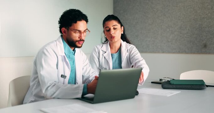 Laptop, meeting and research with doctors in office for vaccine report, healthcare review and team. Medical workshop, disease protocol and advice with people in hospital for treatment feedback