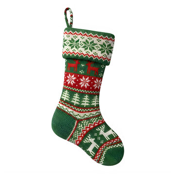 Christmas stocking with green, red, and white pattern isolated on transparent background