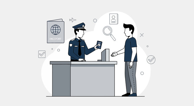 Border control officer checks traveler's passport and visa at airport immigration desk
