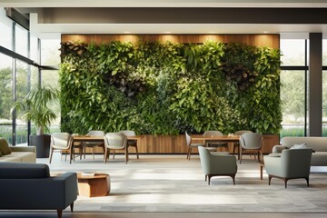 Fototapeta premium Luminous lounge area presenting a biophilic vertical garden creating a refreshing, welcoming space