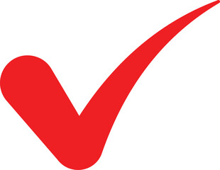A bold red check mark symbol with rounded edges isolated on a clean white background, for use in, web forms and, task management lists © GFX