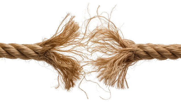 Thick natural fiber rope frayed and broken in the middle