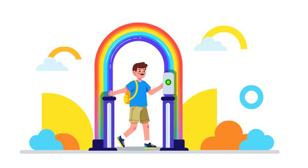 Obraz premium Boy walks through rainbow arch, symbol of hope, journey, positivity