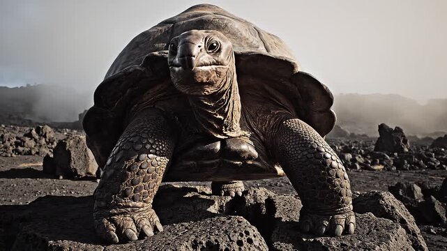 Giant tortoise stands sentinel on a rocky outcrop, its stoic form captured in dramatic natural lighting