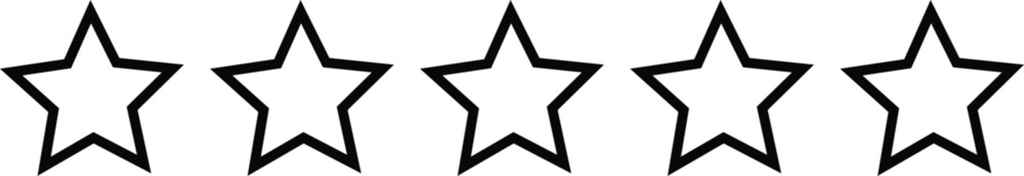 Five outlined star shapes with thick black borders arranged in a horizontal row, representing a rating system or empty review template