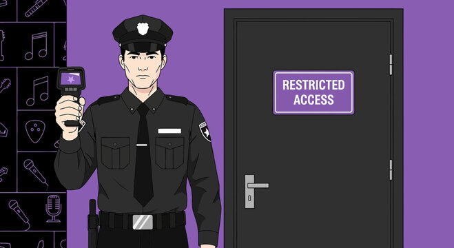 Security Guard at Restricted Access Door, Music Icons Background