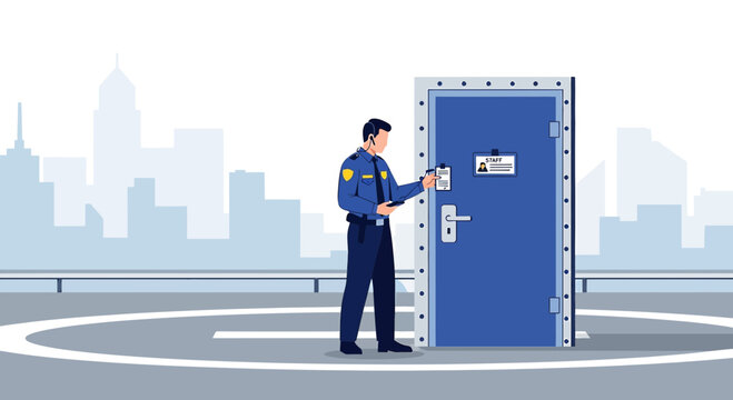 Security Guard at Secure Door, Cityscape Background, Access Control