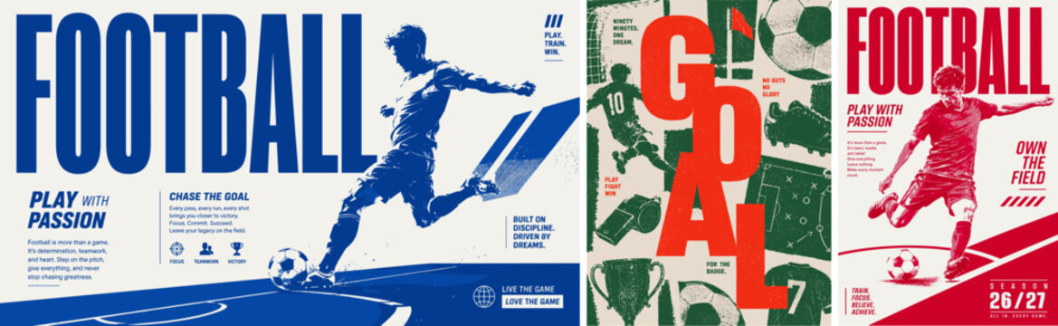 Bold football vector poster with player silhouette, soccer ball, vintage sport typography and energetic layout for training, tournament, club, match and fitness design