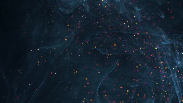 Dark blue nebula particles drifting across smoky backdrop, mysterious futuristic atmosphere with slow swirl scenes include cosmic simulation, lab