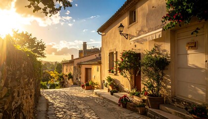 Naklejka premium Cobblestone street with warm, rustic buildings lit by a golden sunburst and lush foliage in a European village
