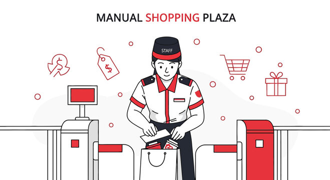 Retail Staff Scanning Items at Checkout Counter in Minimalist Style