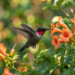 Fototapeta premium Ruby-throated Hummingbird Hovering Near Orange Trumpet Flowers